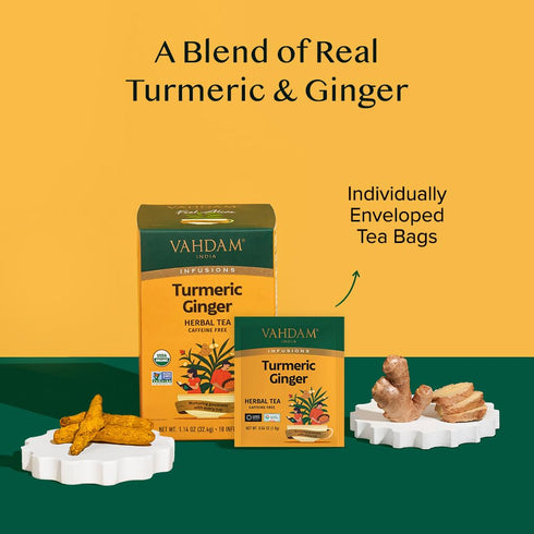 VAHDAM, Organic Turmeric Ginger Herbal Tea Bags (18 Count) Caffeine Free, Gluten Free | 100% Pure Herbal Blend - Earthy & Savory | Eco-Friendly In...