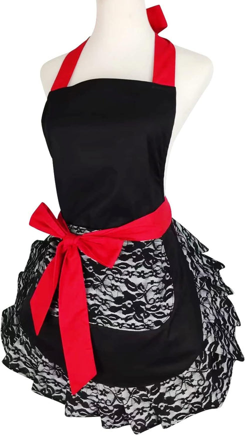 Black Lace Flirty Apron with Pocket, Fun Retro Sexy Cooking Pinup Aprons for Women Girls...