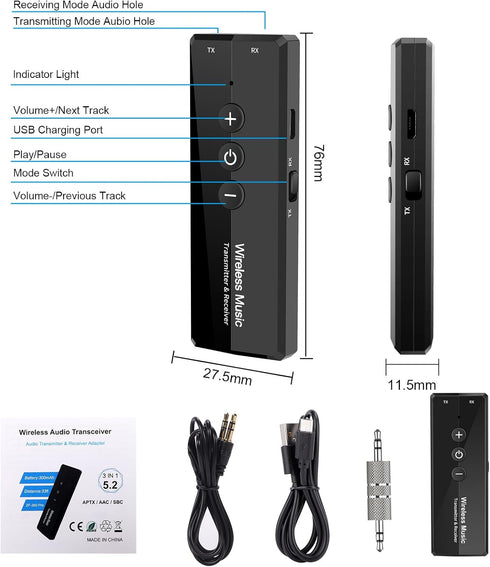 Upgraded Bluetooth 5.3 Transmitter Receiver, Bluetooth Audio Adapter for Airplane TV Car Gym Home Stereo System, AptX Adaptive Low Latency/Can Pai...