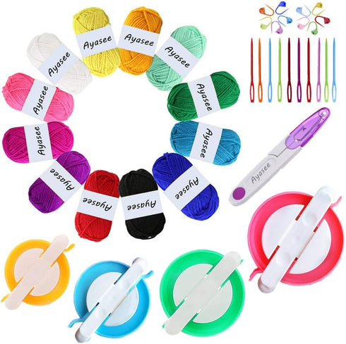 Pom pom Maker Yarn kit, 4PS Pompom Maker+12PS Acrylic Yarn+10PS Knitting Stitch Markers+10PS Plastic Needles+1PS Scissors(37c)......