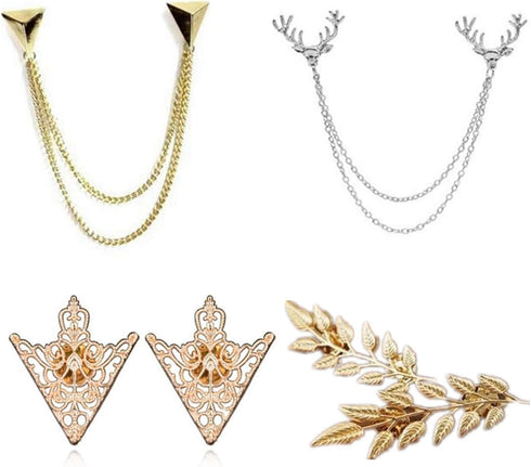 TFYU 4 Pcs Deer Head Double Link Chains, Gold Stud, Retro Hollow Pattern and Angle Triangle Tassels Collar Pins Brooch Clip Pin Brooches Shirt Col...