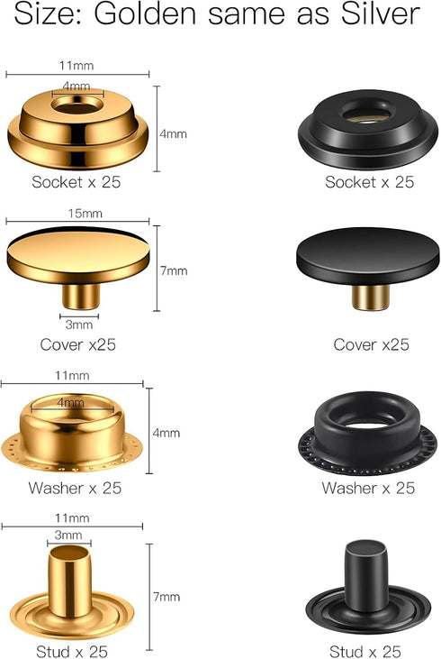 200 Pcs (50 Sets) 5/8 inch (15mm) Leather Snap Fastener Kit Tool Snaps for Leather Stainless Snap Buttons for Bag, Jeans, Clothes, Fabric (Gold+Bl...