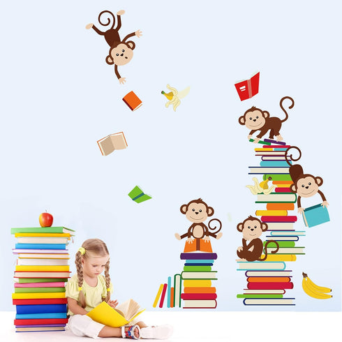 decalmile Monkey Wall Decals Animals Reading Books Wall Stickers Baby Nursery Kids Bedroom Classroom Wall Decor...