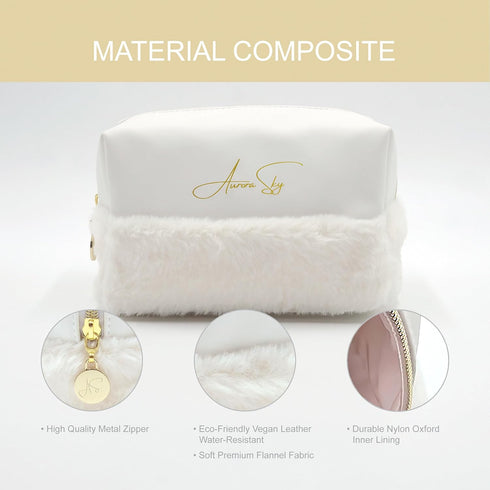 Fluffy Bottom Makeup Bag Organizer – Portable Toiletry Travel Case – Cute Cosmetic Bag for Woman & Girls – Waterproof Soft Vegan Leather Pouch – M...