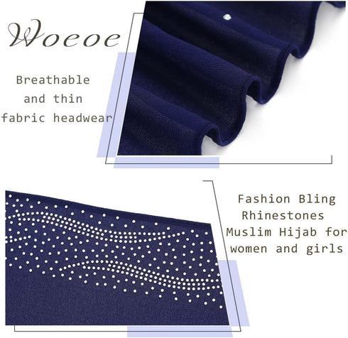 Woeoe Chiffon Muslim Hijab Navy Blue Rhinestone Long Scarf Lightweight Breathable Head Wrap Scarf Shawl for Women and Girls...