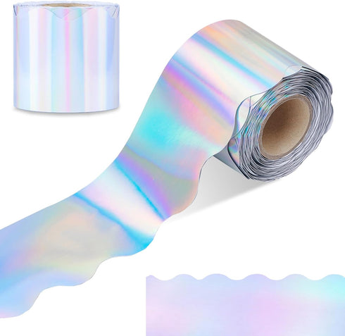 65 Feet Iridescent Bulletin Board Borders, Holographic Scalloped Bulletin Board Trims, Classroom Bulletin Board Decorations for Iridescent Birthda...