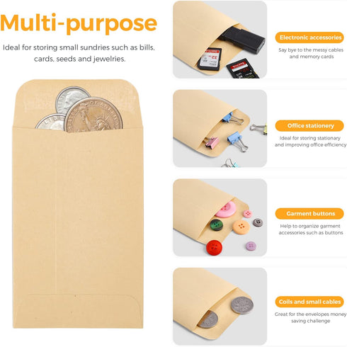 ACSTEP 100 Pack #1 Paper Kraft Seeds Envelopes 2-1/4 X3-1/2, Small Coin Envelope 2x3 For Key, Tip, Seeds Packets, Self Adhesive Water Glummed Mini...