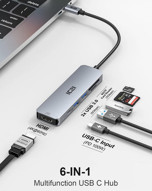 USB-C hub 4K 60Hz HDMI, ICZI 6-in-1 USB C to HDMI USB C Adaptor with HDMI, 2 USB 3.0 Ports, SD/TF Card Reader, 100W USB-C PD USB Hub for Mac/MacBo...
