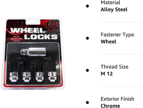 Wheel Accessories Parts 4 Locks + Key M12 x 1.5 12 x 1.5 Thread Open End 0.83" Long Locking Wheel Lug Nuts Lock Chrome Dual Hex Key 13/16" and 3/4...