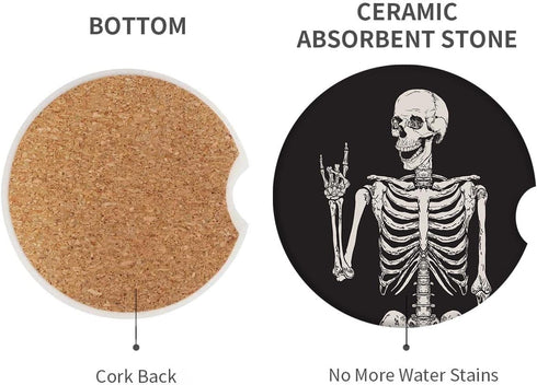 Britimes Absorbent Car Coasters 2 Pack for Cup Holders, 2.56" Ceramic Stone & Non-Scratch Cork Base Drink Coasters Human Skeleton...
