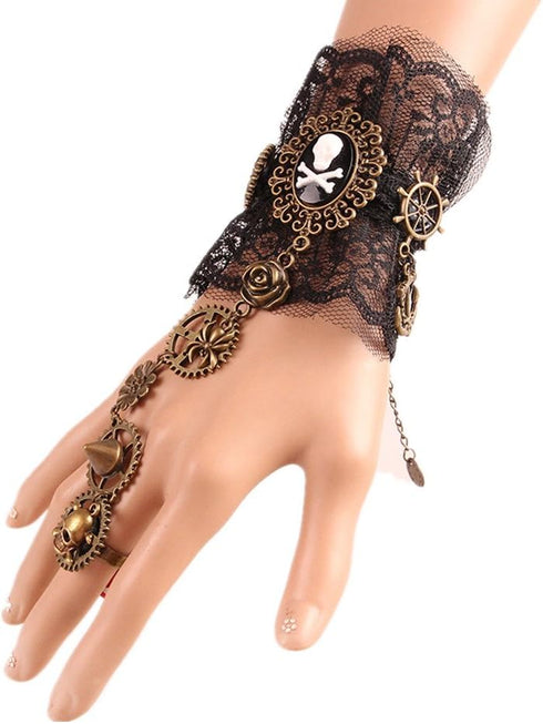 Women Gothic Pirate Skull Steampunk Gear Bracelet Jewelry Accessory Wristband with Finger Ring...