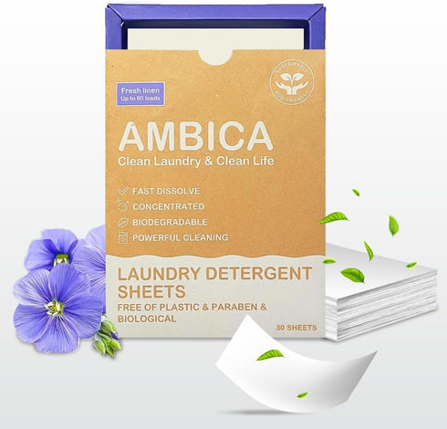 Ambica Travel Laundry Detergent Sheets - Non-Toxic, Hypoallergenic, Plant-Based Laundry Soap sheets for Clothes Washing in Sink or Washer - Travel...