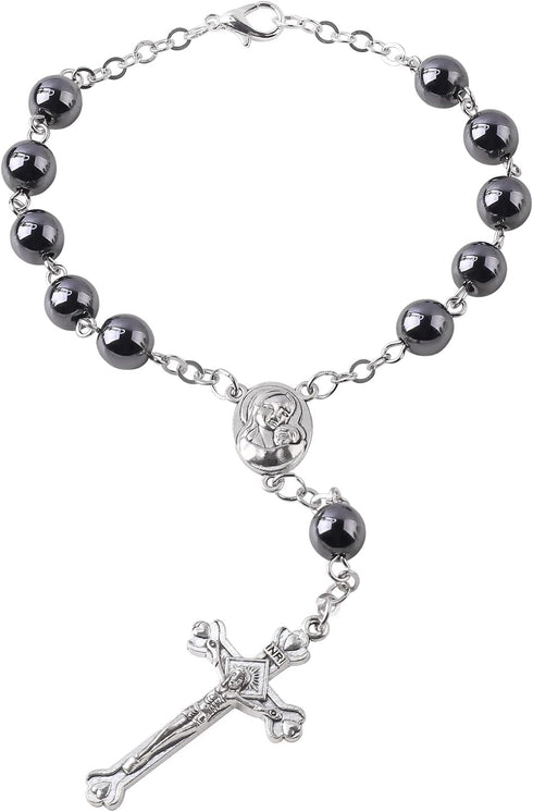 Luomu Hematite Beads Auto Rosary, Car Rosary One Decade Catholic Rosary with Clasp, with Terra Jerusalem Medal Centerpiece and Crucifix Medal Hang...