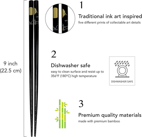JapanBargain, 5-Pair Black Bamboo Chopsticks Set with Traditional Japanese Crane Moon Sakura Design, Reusable Wooden Chop Sticks, Dishwasher Safe,...