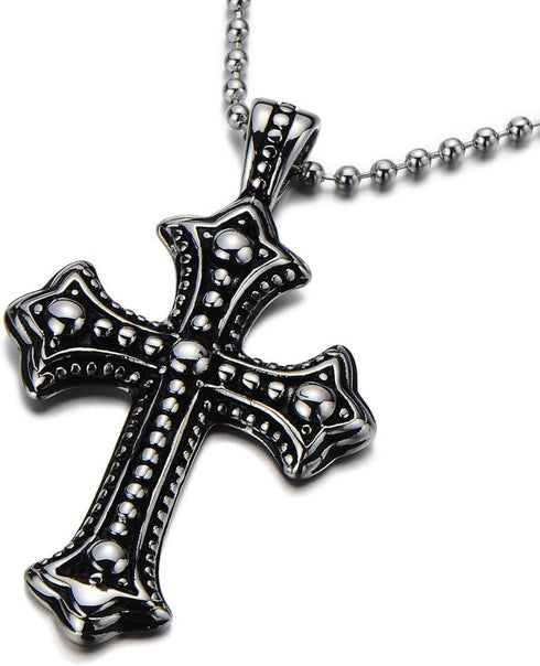 COOLSTEELANDBEYOND Gothic Vintage Cross Pendant Necklace Stainless Steel Unisex Silver Black Two-tone 23.6 in Ball Chain...