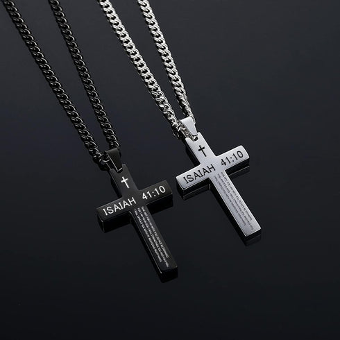Inspirational Bible Verse Cross Necklace for Men Boys, Stainless Steel Plain Black Silver Cross Pendant Necklace for Men 20-24 Inches Curb Chain F...