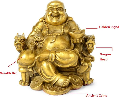 Fengshui Buddha Statue for Lucky & Happiness God of Wealth,Laughing Buddha on Emperor`s Dragon Chair,Brass Buddhist Statues and Sculptures Home De...
