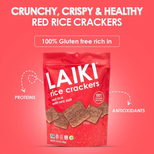 LAIKI Gluten Free Rice Crackers, Red Rice, Resealable 3.53 Ounce Bag...