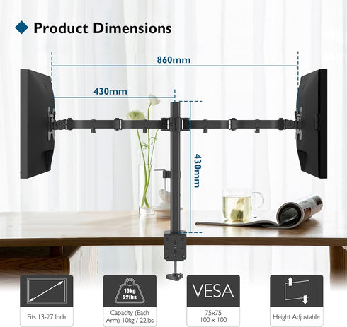BONTEC Dual Monitor Desk Mount, Monitor Stand for 13–27 Inch LCD LED 2 Monitors, Ergonomic Full Motion Heavy Duty Double Arms Hold up to 22 lbs, V...