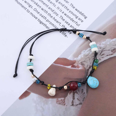 Boho Turquoise Anklet Bracelet Colorful Seed Bead Ankle Blue Turquoise Dangle Anklet Bracelet Black Wax Rope Anklet Rainbow Rice Bead Foot Anklet ...