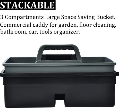 3-Compartment Plastic Cleaning Caddy Basket – Stackable Large Commercial Quality Plastic Tool Organizer Bucket with Handle, Black...