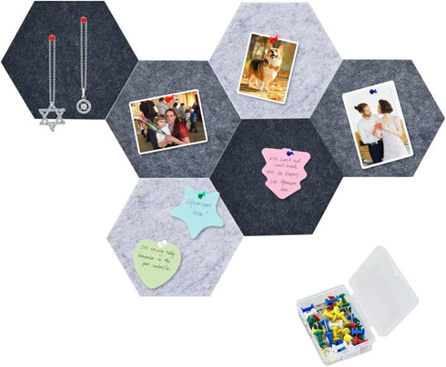 6 Pcs Gray Hexagon Cork Board Bar Strips with 50 Pushpins & Sticky Notes, Self-Adhesive Bulletin Board Strips No Damage for Wall, Felt Pin Board f...