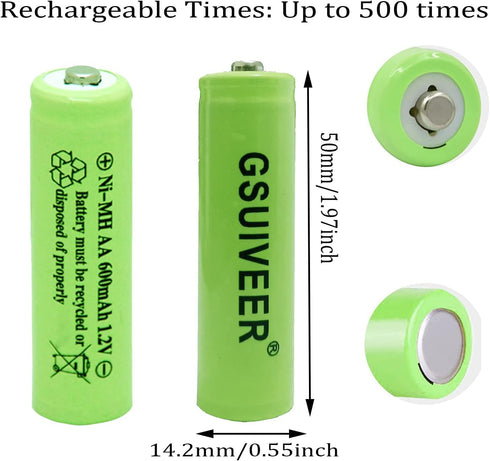 Solar Light AA Ni-mh 600mAh 1.2V Rechargable Batteries AA Rechargeable Batteries for for Solar Lights (20 Pack)...
