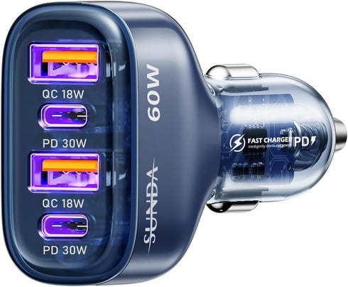 SUNDA 60W USB C Fast Car Charger, 4-Ports Car Charger Adapter, Dual Type C PD30W/PPS30W Compatible with iPhone15/14 Pro/Max/iPhone13/Galaxy/Samsun...