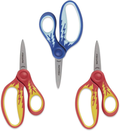 Fiskars 5" SoftGrip Pointed-Tip Scissors for Kids Ages 4-7 (3-Pack) - Scissors for School or Crafting - Back to School Supplies - Blue and Red Lig...