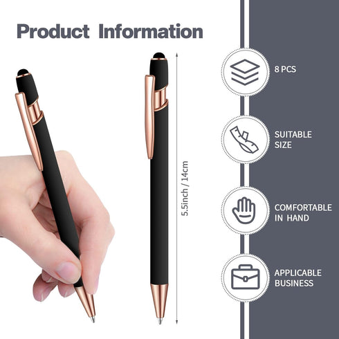 8 Pieces Ballpoint Pen with Stylus Tip Black Ink 2 in 1 Stylus Metal 1.0 mm Medium Point Smooth Pen Rainbow Colorful Rubberized Ballpoint Pen for ...