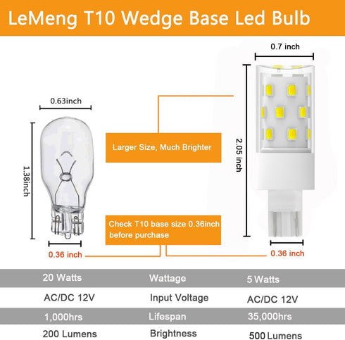50watt T10 Wedge Base 921 LED Light Bulb 5W 500lm 6000K Daylight White 12VAC/DC for Outdoor Landscape Path, RV Camper Trailer Motorhome Marine Boa...