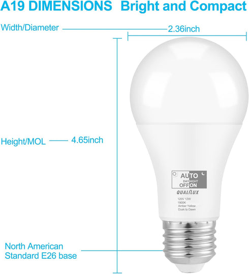 Dusk to Dawn Bug Light Bulbs Outdoor, 1900K Amber Yellow, 800 Lumen, LED 12W, A19 E26, 4-Pack, HQ-H020...