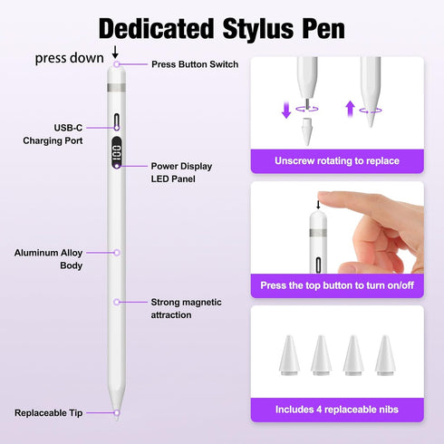Stylus Pen for iPad,Fast Charging Battery Level Display,Magnetic and Palm Rejection for iPad Air3/4/5,iPad Mini 5/6,iPad 6/7/8/9,iPad Pro11'',iPad...