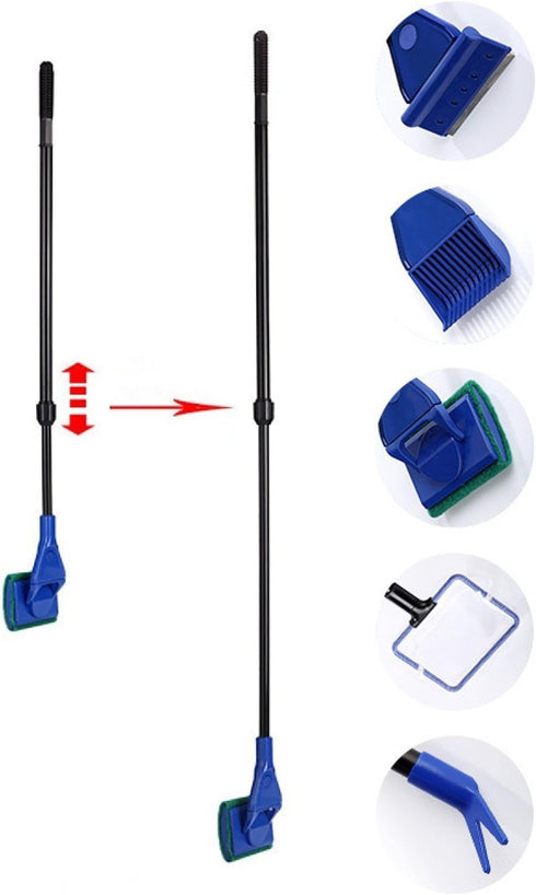 5 in 1 Aquarium/Fish Tank Cleaning Kit/Tool, Algae Scraper, Fish Net, Sponge, Plant Fork, Gravel Rake, Length Adjustable from 21 inches to 31 inch...