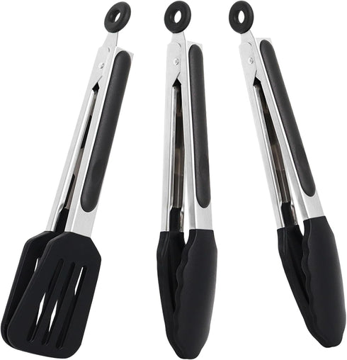 9 Inch Small Kitchen Tongs Set of 3, Silicone Cooking Tongs with Silicone Tips and Stainless Steel Handle, Silicone Tongs for Cooking, Serving...