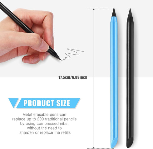 2 Pieces Metal Inkless Pen Inkless Erasable Pencil Metallic Pencil Aluminum Pencil for Writing, Drawing, Drafting, Home Office School Supplies (Bl...