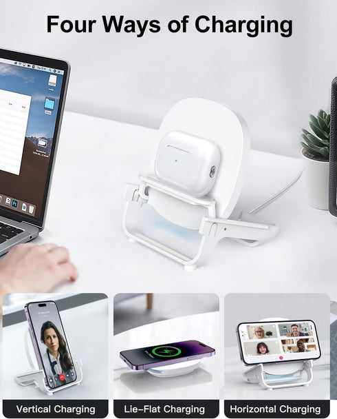 Wireless Charging Station (Detachable Pad & Stand) - Fast 15W Qi Wireless Charging for AirPods, iPhone 14/13/12/11/X/XR/XS/8/Pro/Max/Mini and Sams...