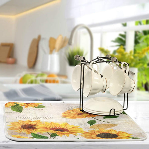 Qilmy Sunflowers Dish Drying Mat Water Absorption Tableware Drying Mat for Kitchen Countertop Home Decoration, 16 x 18 Inch Non Slip Dish Mats, He...