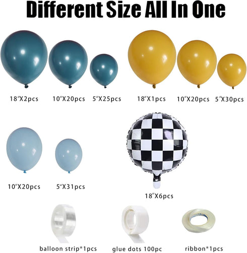 155Pcs Race Car Balloon Garland Arch Kit, Dusty Blue and Yellow Latex Balloon Checkered Foil Balloons for Race Car Truck Two Fast Hot Wheels Birth...