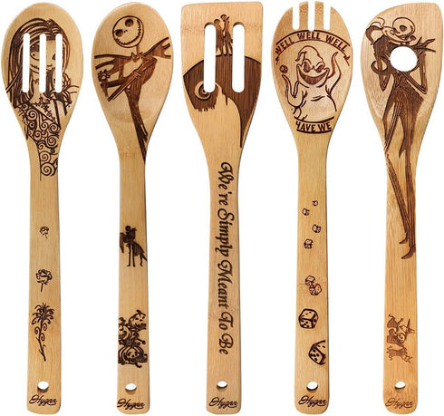 Halloween Idea Utensil Burned Wooden Spoons Set House Warming Wedding Present Slotted Spoon 5 Piece SpoonSet...