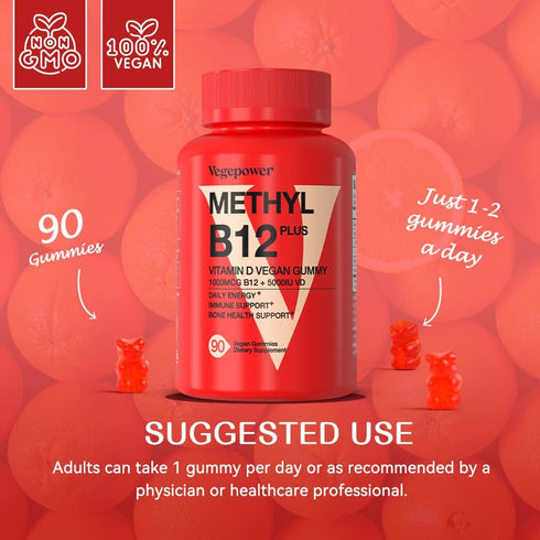 Vegan Vitamin B12 Gummies with Vitamin D - 90 Count I 1000 MCG Methyl B12 & D3 5000 IU Chewable Gummies Supplements for Adults & Kids - Supports B...