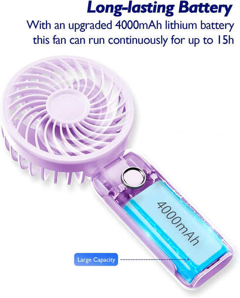 Mini Portable Fan, Personal Handheld Fan Foldable 4000mAh Battery Operated USB Rechargeable Small Desk Fan Quiet Powerful 3 Speed Makeup Lash Fan ...