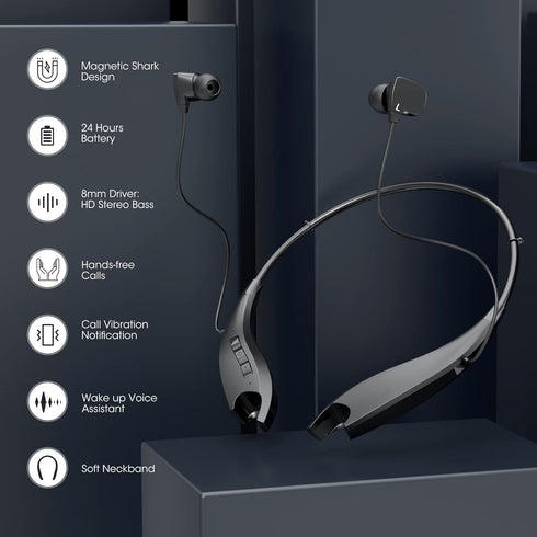 Neckband Bluetooth Headphones, Around The Neck Headphones 24H+ Playtime, Bluetooth Headsets with Call Vibration, Shark Jaw Design Wireless Earbuds...