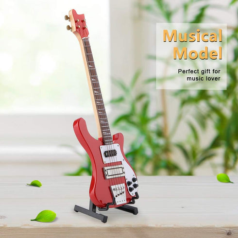 Red Miniature Bass Guitar Wood Replica Model Ornament with Adjustable Stand Mini Art Projects Christmas Gift...