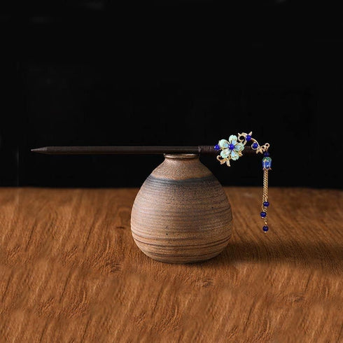 Retro Chinese Wooden Hairpins Japanese Hair Stick Vintage Flower Hair Chopsticks Handmade Wood Blue Flower Tassel Hair Sticks Hair Accessories wit...