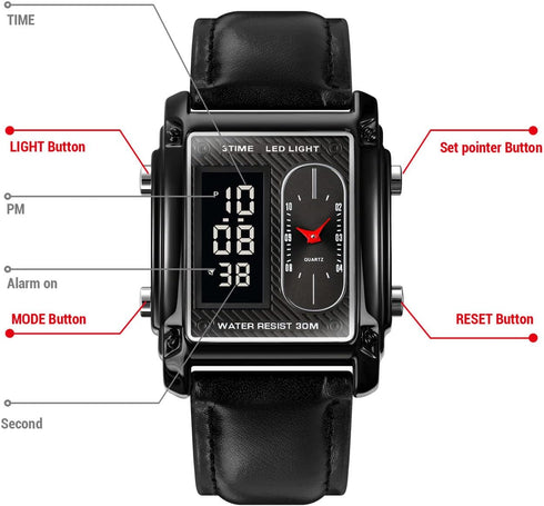 LED Digital Watch Men Analog Quartz Mens Watches Square Cool Creative Dual Time Zone Watch Waterproof Wristwatch for Men...