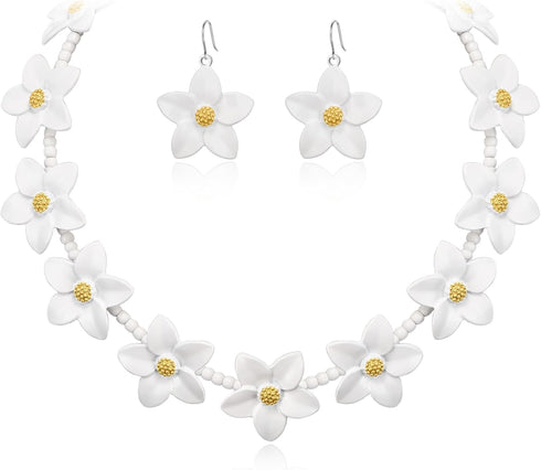 EVER FAITH Flower Jewelry Sets for Women, Dainty Enamel Faux Pearl Bead Wedding Party Choker Necklace Hook Earrings Set Summer Beach Accessories f...