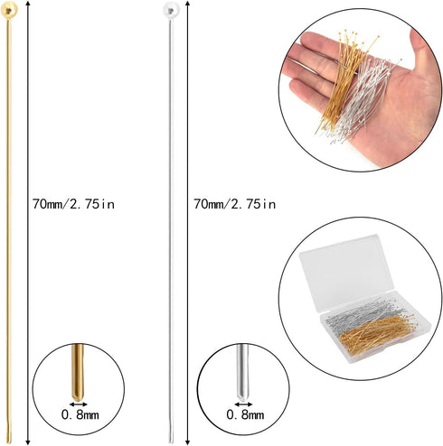 200 Pcs 70mm/2.76 Inch 21 Gauge Straight Ball Pins for Craft Earring Bracelet Necklace Pendant DIY Jewelry Making, Silver & Gold Color...
