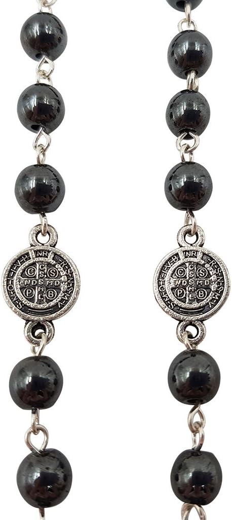 TALISMAN4U CATHOLIC ROSARY NECKLACE Black Hematite Beads Saint St Benedict Medal & Cross Gift Box...