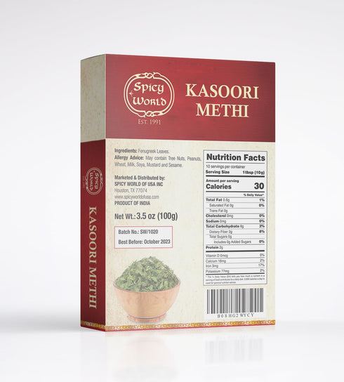 Spicy World Dried Fenugreek Leaves (Kasoori Methi) 3.5oz Box (100g) - All Natural | Vegan | Gluten Friendly | NON-GMO | Indian...